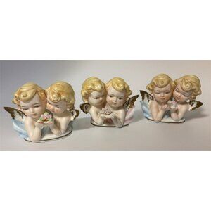 Vintage Tilso Japan Ceramic Angel Figurines Set Of 3 With Gold Accents Pastel Co